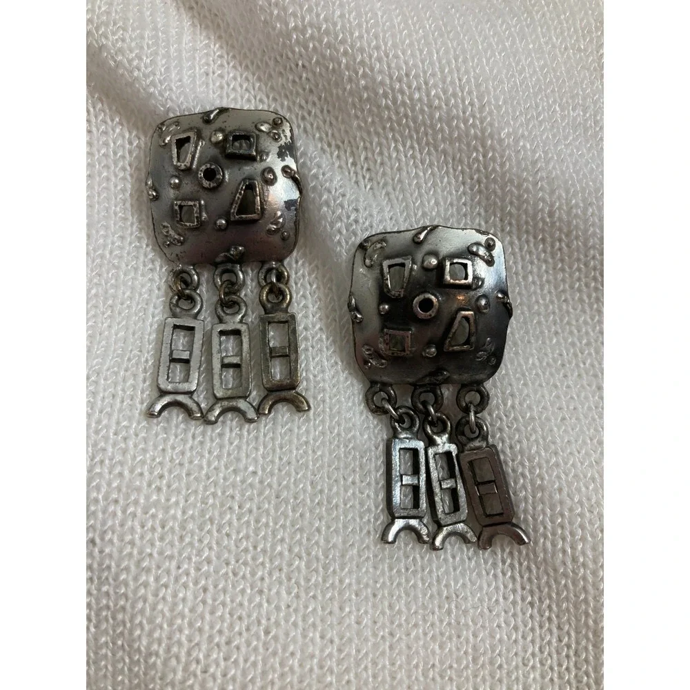 Vintage Modernist Pewter Clip On Earrings‎ Artsy Brutalist Statement Artisan